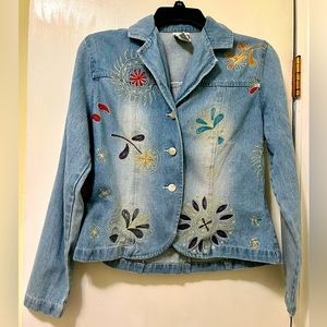 Clio Denim Jean Jacket Floral Embroidered Hippie Flower-Child Women Retro Size 4